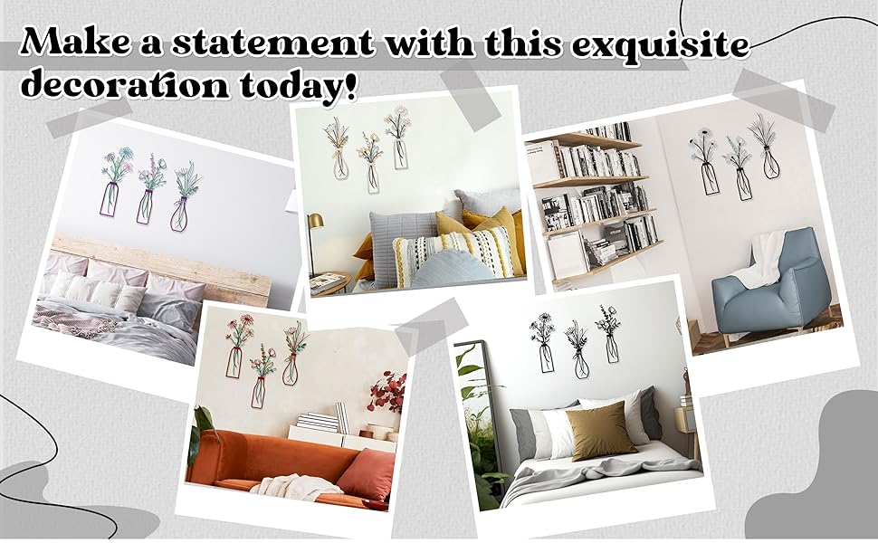 3 Pieces Metal Flowers Wall Arts - Rustic Farmhouse Decor Black Minimalist Flower Wall Decors for Living room Bathroom Bedroom Dining Room - Housewarming Gifts(Black, Vase-C)