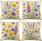 wyooxoo Throw Pillow Covers 18x18 Set of 4 Decorative Spring Pillow Covers Linen Flower Butterfly Farmhouse Pillowcases for Sofa Couch Living Room Outdoor