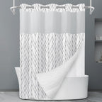 No Hook Grey White Striped Shower Curtain with Snap in Fabric Liner Set - Hotel Liner Set with See Through Mesh Top Window,Machine Washable, 71x74 INCH