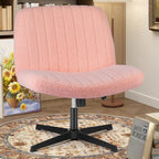 Criss Cross Chair with Wheels Wide Cross Legged Office Desk Vanity Chair Comfy Fabric Armless Adjustable Swivel for Home Computer Task Teddy Pink