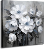 Bathroom Canvas Wall Art, Bathroom Wall Decor,Living Room, Bedroom,Office,Small Gray and White Blue Flower Wall Decoration, 12x12 inches