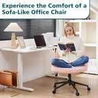 Criss Cross Chair with Wheels Wide Cross Legged Office Desk Vanity Chair Comfy Fabric Armless Adjustable Swivel for Home Computer Task Teddy Pink