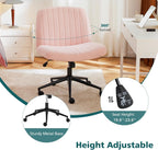Criss Cross Chair with Wheels Wide Cross Legged Office Desk Vanity Chair Comfy Fabric Armless Adjustable Swivel for Home Computer Task Teddy Pink