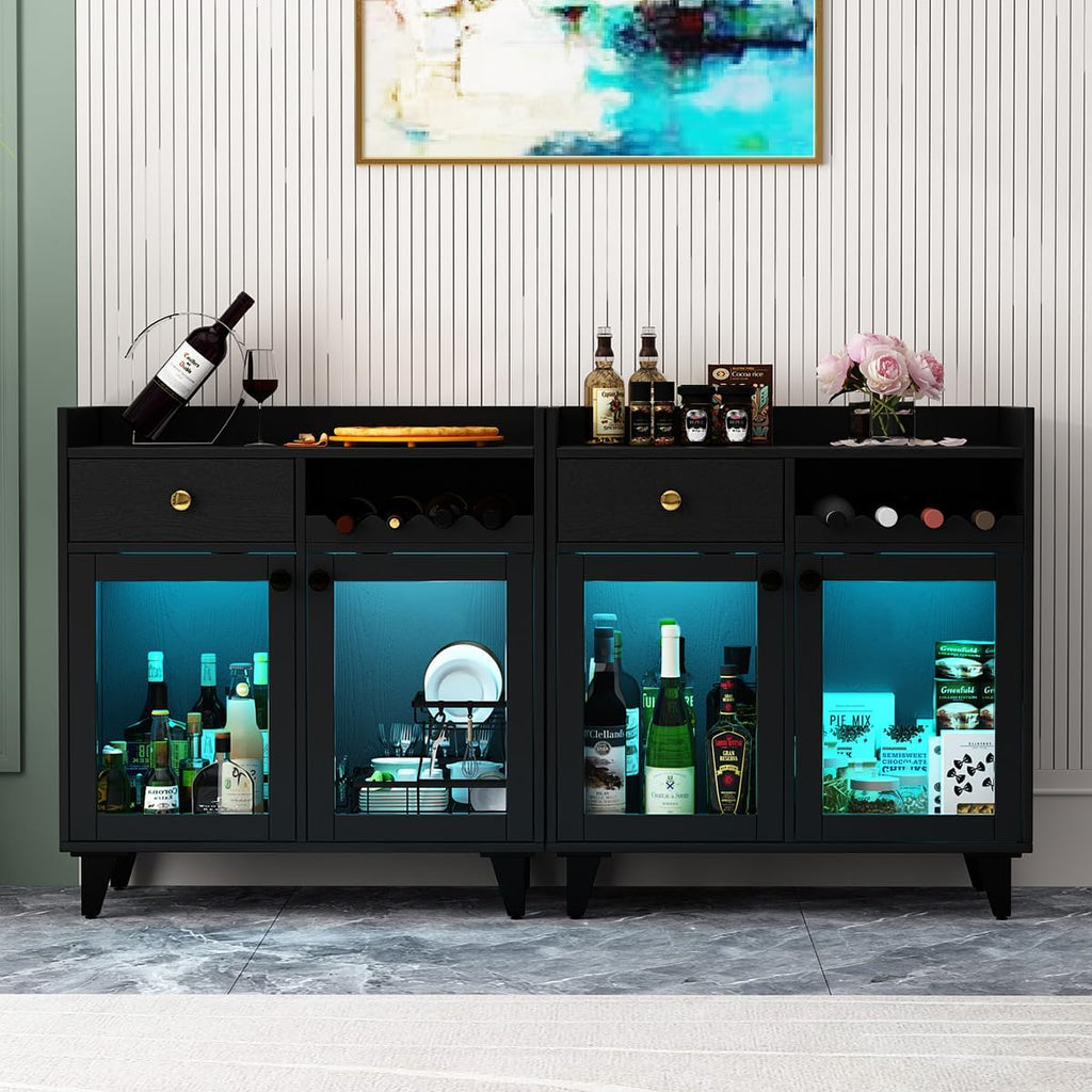 COCO DESIGN Small Wine Cabinet with Glass Doors, Modern Liquor Bar Cabinet with LED Light for Alcohol, Farmhouse Buffet Coffee Sideboard with Storage for Kitchen, Black
