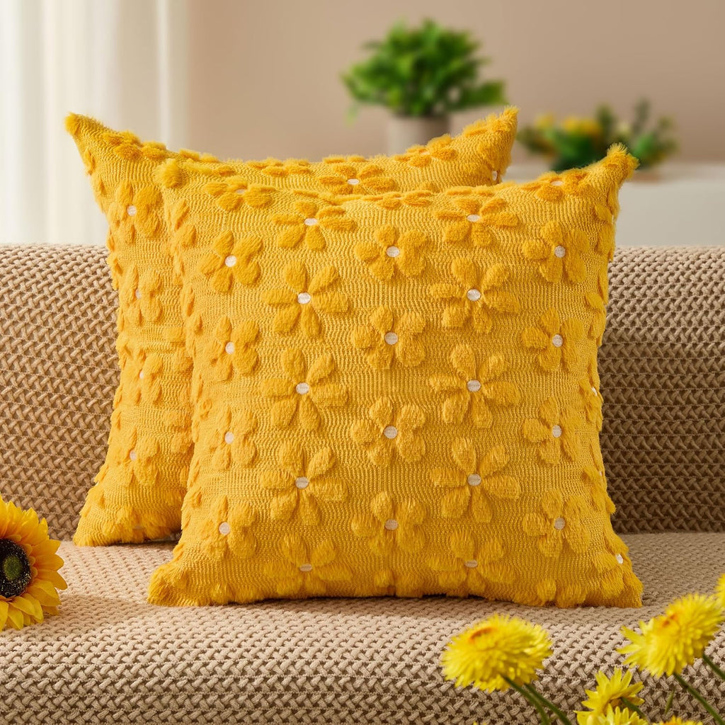 DFXSZ Spring Summer Pillow Covers 18x18 inch Set of 2 Farmhouse Decor Yellow Color Flower Heart Sunflower Soft Plush Faux Fur Jacquard Throw Pillows for Sofa Holiday Spring Home Decor PTK024C18