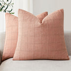 Foindtower Set of 2 Decorative Linen Check Throw Pillow Covers Neutral Farmhouse Vintage Cushion Covers Modern Boho Home Decor for Sofa Chair Couch Bedroom Living Room,18×18 Inch,Natural Beige