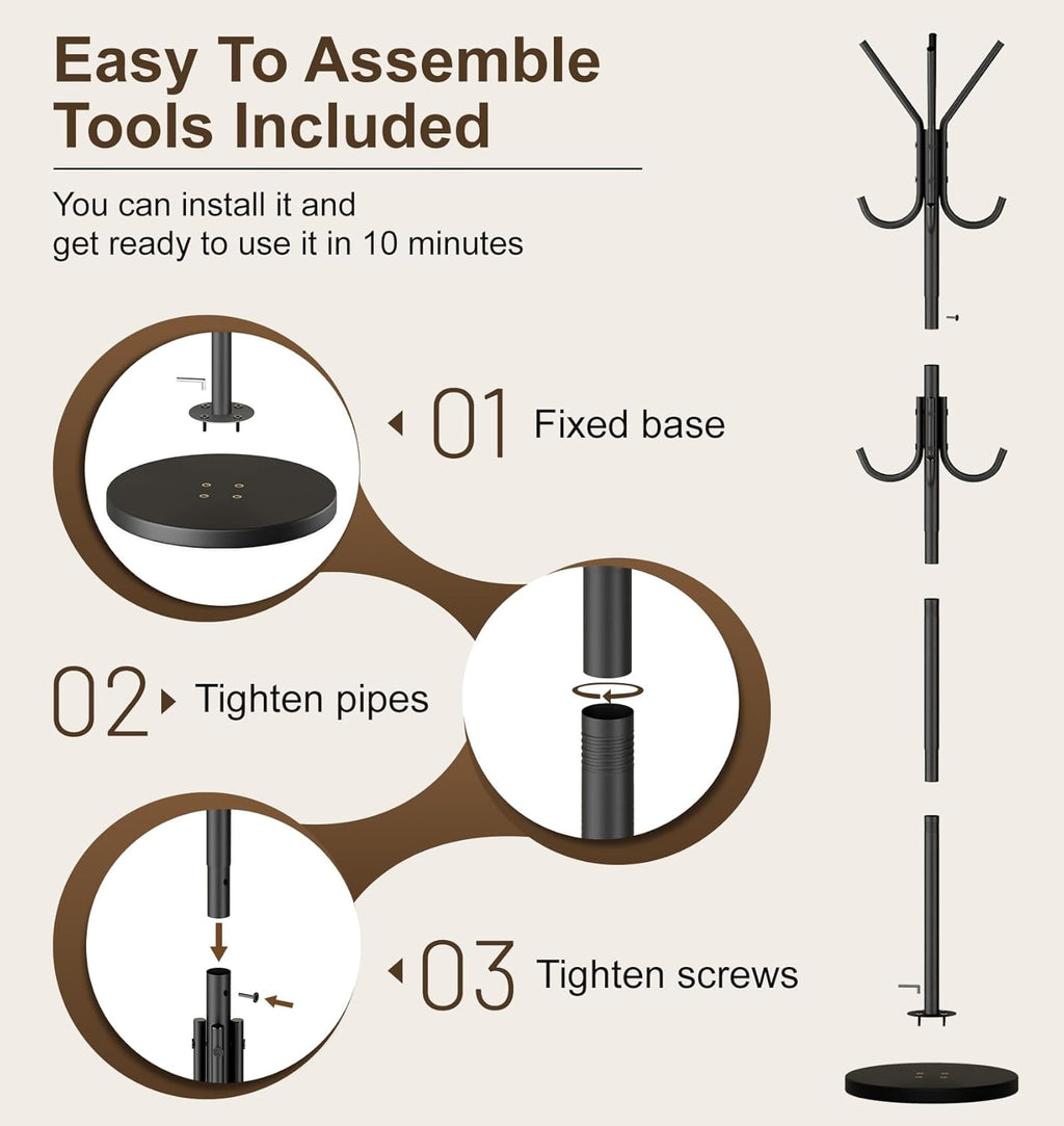 Heavy Duty Coat Rack Freestanding with Stable Wood Base Modern Coat Tree with 12 Hooks Adjustable Coats Hanger Stand Stylish Standing Clothes Tree for Entryway Bedroom Corner Hall