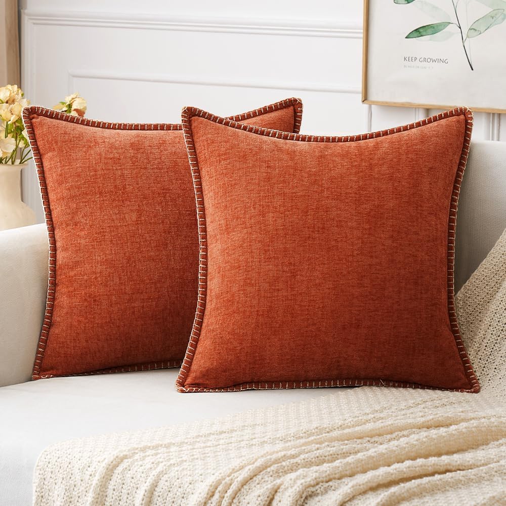 MIULEE Pack of 2 Couch Throw Pillow Covers 18x18 Inch Sage Green Farmhouse Decorative Pillow Covers with Stitched Edge Soft Chenille Solid Dyed Summer Pillow Covers for Sofa Bed Living Room