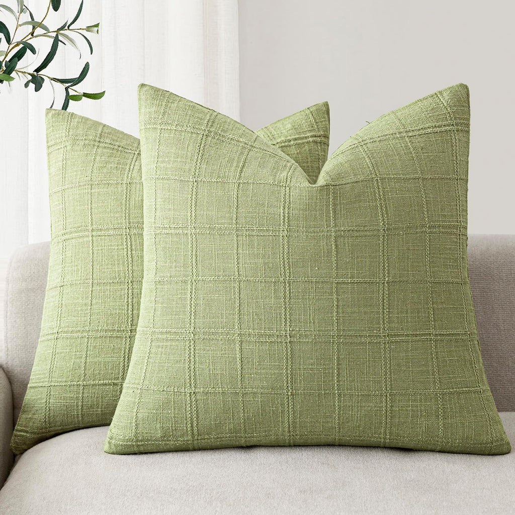 Foindtower Set of 2 Decorative Linen Check Throw Pillow Covers Neutral Farmhouse Vintage Cushion Covers Modern Boho Home Decor for Sofa Chair Couch Bedroom Living Room,18×18 Inch,Natural Beige