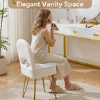 White Vanity Chair with Storage, Folding Back Faux Fur Vanity Stool, Makeup Ottoman with Gold Legs for Bedroom/Bathroom