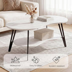 MWOOD Oval Coffee Table, 39.37" Center Table with Storage Shelf and Metal Leg, Waterproof & Scratch-Resistant Dining Table for Living Roome, Bedroom Marble-Patterned