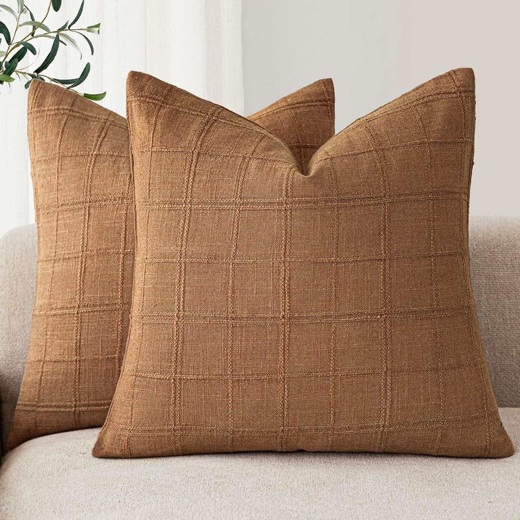 Foindtower Set of 2 Decorative Linen Check Throw Pillow Covers Neutral Farmhouse Vintage Cushion Covers Modern Boho Home Decor for Sofa Chair Couch Bedroom Living Room,18×18 Inch,Natural Beige